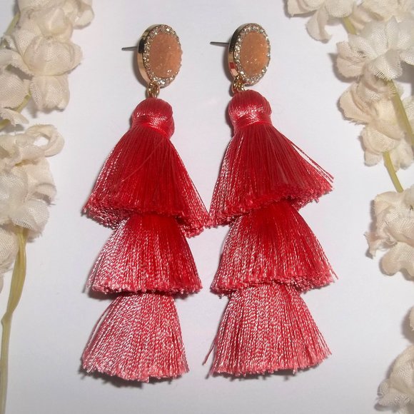 Sugarfix Tassel Earrings Set Statement Peach Coral Gold Rhinestone Drop A351 - Picture 1 of 7